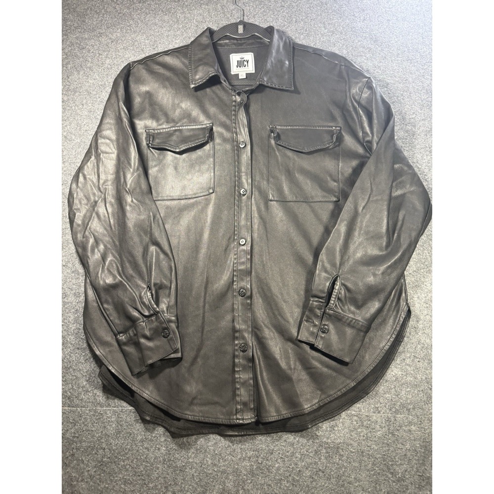 Juicy by Juicy Couture Black Faux Leather Button Down Shirt Jacket XL